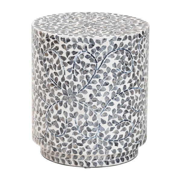 English Elm Coastal Capiz Shell Mosaic Round Footstool Iridescent Floral Pedestal Accent Piece B2750P420419