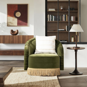 English Elm Jennifer Taylor Home - Serena Olive Green Performance Velvet Barrel Back Accent Chair with Ruched Texture & Bullion Fringe Elegance B2719P355285