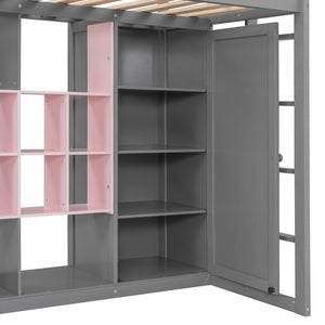 English Elm Twin Loft Bed with Wardrobe Shelves and Cabinet Kids Bedroom Wood Storage Frame Pink+Grey N708S00023E