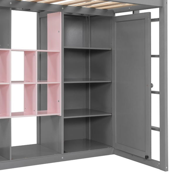 English Elm Twin Loft Bed with Wardrobe Shelves and Cabinet Kids Bedroom Wood Storage Frame Pink+Grey N708S00023E
