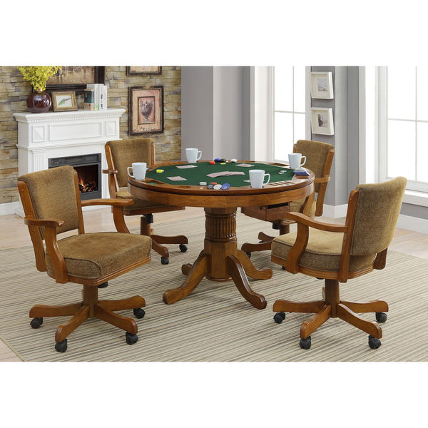 English Elm Florenz Carved Pedestal Game Table Set with Amber Wood Finish and Olive-Brown Padded Caster Chairs B062S00810