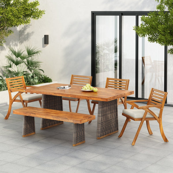English Elm Christopher Knight Home® - Outdoor 6-Piece Acacia Wood Dining Set With Cream Cushions & Grey Rattan Legs For Stylish Gatherings N773OD00041G