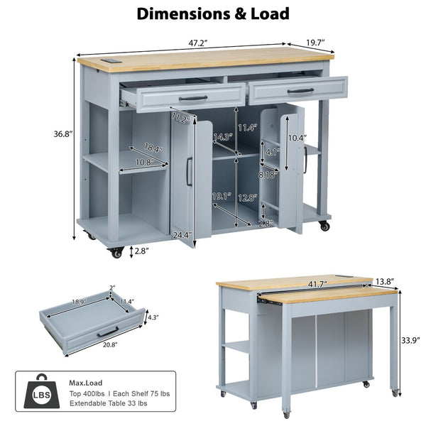 English Elm K&k Farmhouse Kitchen Island Extendable Table Rubber Wood Veneer Built-in Charging Storage Grey+Blue N707S215327G