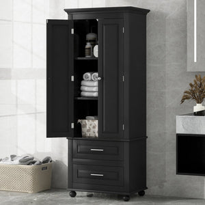 English Elm Tall Slim Storage Cabinet with Adjustable Shelves, 2 Drawers & Doors, Anti-Tip Design for Bathroom Black WF299284AAB