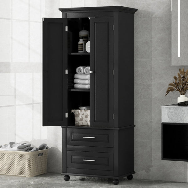 English Elm Tall Slim Storage Cabinet with Adjustable Shelves, 2 Drawers & Doors, Anti-Tip Design for Bathroom Black WF299284AAB