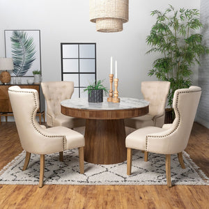 English Elm Feast 46" Round Marble Dining Table with Fluted Mango Wood Base — Elegant White Top, Natural Finish B062S00856