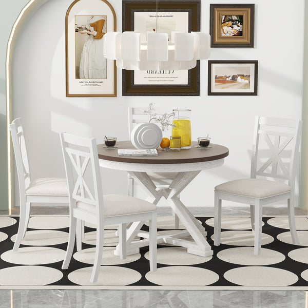 English Elm TREXM Retro 5-Piece Extendable Round-to-Oval Dining Set with Upholstered Chairs, Solid Rubberwood Finish Brown + Antique White ST000141AAD