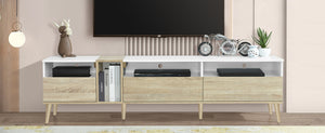 English Elm Modern TV Stand with 3 Drawers & 4 Open Shelves, 80" Media Console White+Wood, Cable Management, P2 Board N710P234108K