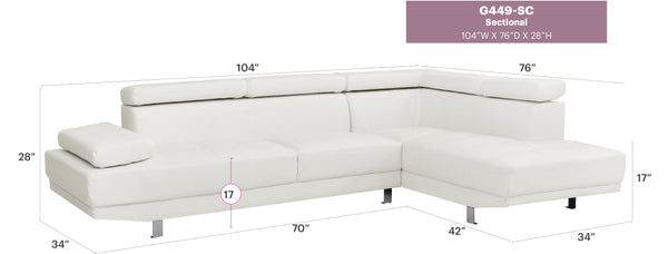 English Elm Riveredge Modern Right-Facing Chaise Sectional with Adjustable Arm & Headrest, Chrome Legs, PU Comfort White 21 L x 76 W x 34 H B078S00401