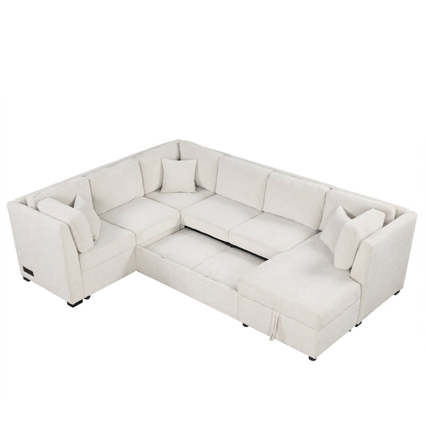 English Elm 108.6" U-Shaped Sectional Sofa Bed with Storage Chaise, USB & Power Ports, Beige Chenille Comfort N719S001410A