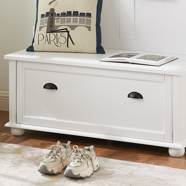 English Elm Modern Classic Hall Tree with Solid Poplar Feet, Double Hooks, Shoe Bench & Antique Hardware Organizer White W2275P210038