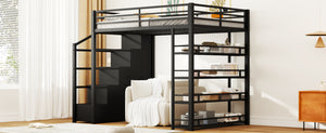 English Elm Full Full Size Metal Loft Bed with Storage Staircase, Shelves, Wardrobe & Guard Rail, Black 70" GX000664AAB