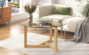 English Elm [New Round Glass Coffee Table] 8mm Tempered Top, Sturdy Tripod Wood Base, Modern Easy Assembly, Natural Finish WF293702AAA