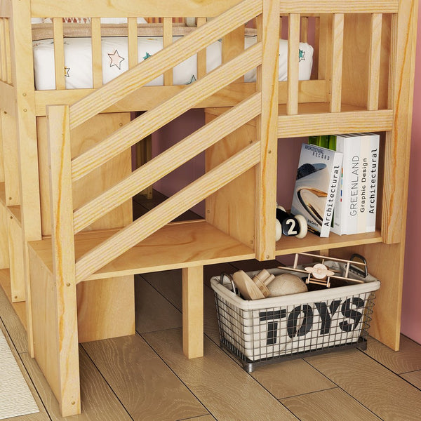 English Elm Twin Loft Bed with Built-In Stairs, Shelves, Hanging Rod & 2 Drawers for Space-Saving Kids Room Natural 45.87 L x 18.5 W x 10.83 H W2593S00005