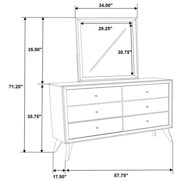English Elm Contemporary Solid Wood White Dresser with Mirror Angled Legs and Bronze Knobs B2741S00876