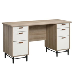 English Elm Executive Desk with Large Desktop, Light Oak & White Accents, File Drawers, Durable Metal Base B356P367821