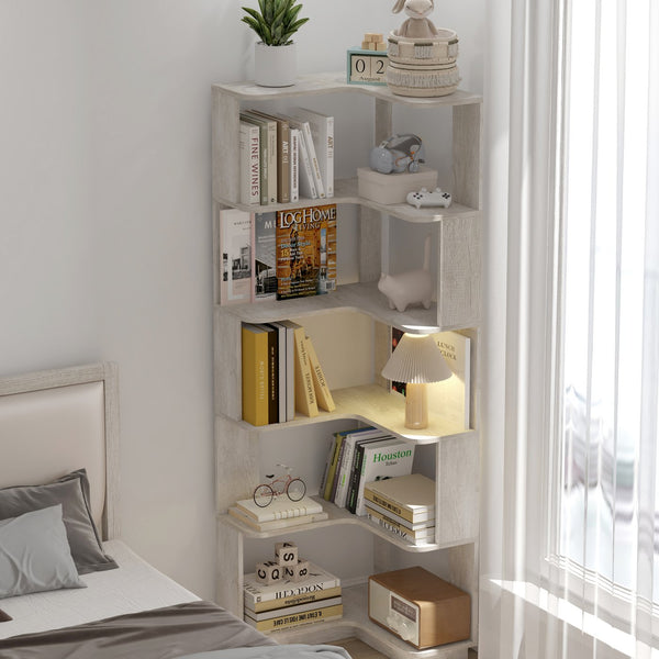 English Elm 6 Tier Freestanding L-Shaped Corner Bookshelf with Anti-Tip, Rounded Corners, 3D Wood Grain Finish Light Gray W2899P372517