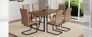 English Elm Table And Chair Set - Retro Rectangular Dining Table With Fishbone Mdf Top & 6 Stylish Brown Chairs W1151S03141-GIGA