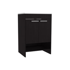 English Elm Lorenzo Compact 60cm Floor Vanity in Black Wengue with 4 Drawers, 2 Open Shelves for Stylish Storage B200P362051