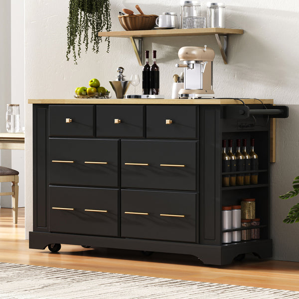 English Elm K&K Rustic Kitchen Island Cart with 6 Drawers, Pull-Out Trash Cabinet, Drop Leaf & Built-In Charging Station Black N707P307292B