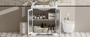 English Elm Christopher Knight Home® - 30" Modern Bathroom Vanity with Ceramic Sink, Tempered Blurred Glass Doors, Rubber Wood Frame Storage White N817P279904W