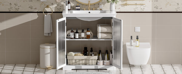 English Elm Christopher Knight Home® - 30" Modern Bathroom Vanity with Ceramic Sink, Tempered Blurred Glass Doors, Rubber Wood Frame Storage White N817P279904W
