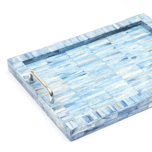 English Elm Khal Handcrafted Mango Wood Serving Tray in Blue with Bone Inlay, 18"x12" Spacious Rustic Accent B346P327295
