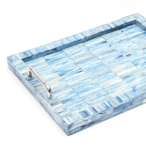 English Elm Khal Handcrafted Mango Wood Serving Tray in Blue with Bone Inlay, 18"x12" Spacious Rustic Accent B346P327295