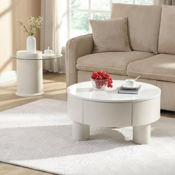 English Elm Round Nesting Coffee Table Set with Hidden Storage Drawer and Space-Saving Stackable Design for Living Room Off White,White W821S00034