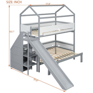 English Elm House-shaped Pine Bunk Bed with Built-in Slide Storage Staircase Twin Over Full Kids Frame Grey+White N820S00082E