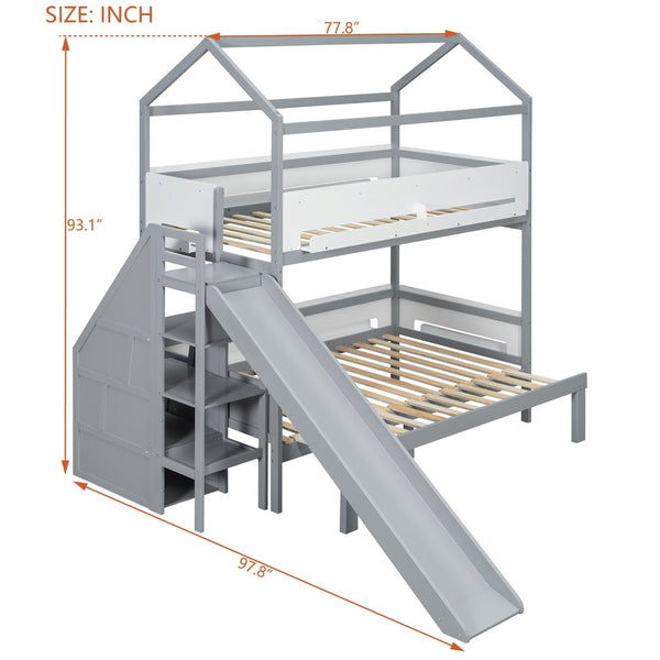 English Elm House-shaped Pine Bunk Bed with Built-in Slide Storage Staircase Twin Over Full Kids Frame Grey+White N820S00082E