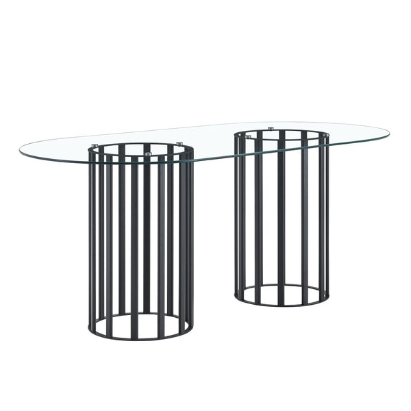English Elm 71 Inch Oval Tempered Glass Dining Table Black Metal Base Seats Eight Modern W1151P416029