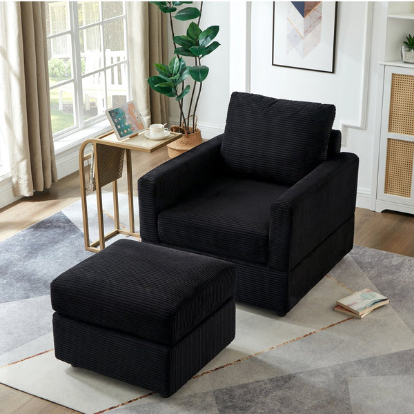 English Elm Classic Corduroy Chaise Lounge with Removable Backrest and Plush Ottoman, Stylish Living Room Seat Black W2186S00008