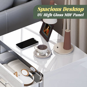 English Elm High Gloss Mirrored 2 Drawer Nightstand Slim Metal Legs Modern Bedroom Side Table White W5271P416521