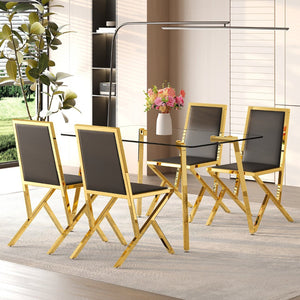 English Elm Table and Chair Set 7 Piece Round Walnut Mdf Industrial Dining with Pu Seats Black+Gold,Transparent W1151S04790