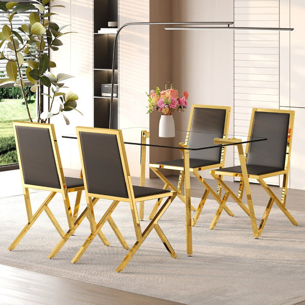 English Elm Table and Chair Set 7 Piece Round Walnut Mdf Industrial Dining with Pu Seats Black+Gold,Transparent W1151S04790