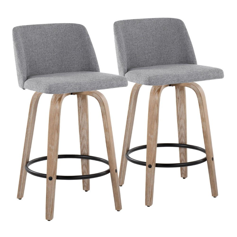English Elm Toriano 26" Fixed-Height Counter Stools Set Of 2 - Swivel Grey Fabric & Whitewashed Wood Design B202S00402-GIGA