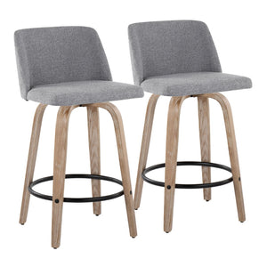 English Elm Toriano 26" Fixed-Height Counter Stools Set Of 2 - Swivel Grey Fabric & Whitewashed Wood Design B202S00402-GIGA