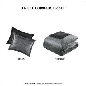 English Elm 3 Piece Crushed Velvet Reversible Comforter Set Full Queen Luxe Hypoallergenic Bedding Charcoal B035P319857