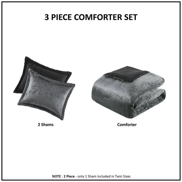 English Elm 3 Piece Crushed Velvet Reversible Comforter Set Full Queen Luxe Hypoallergenic Bedding Charcoal B035P319857