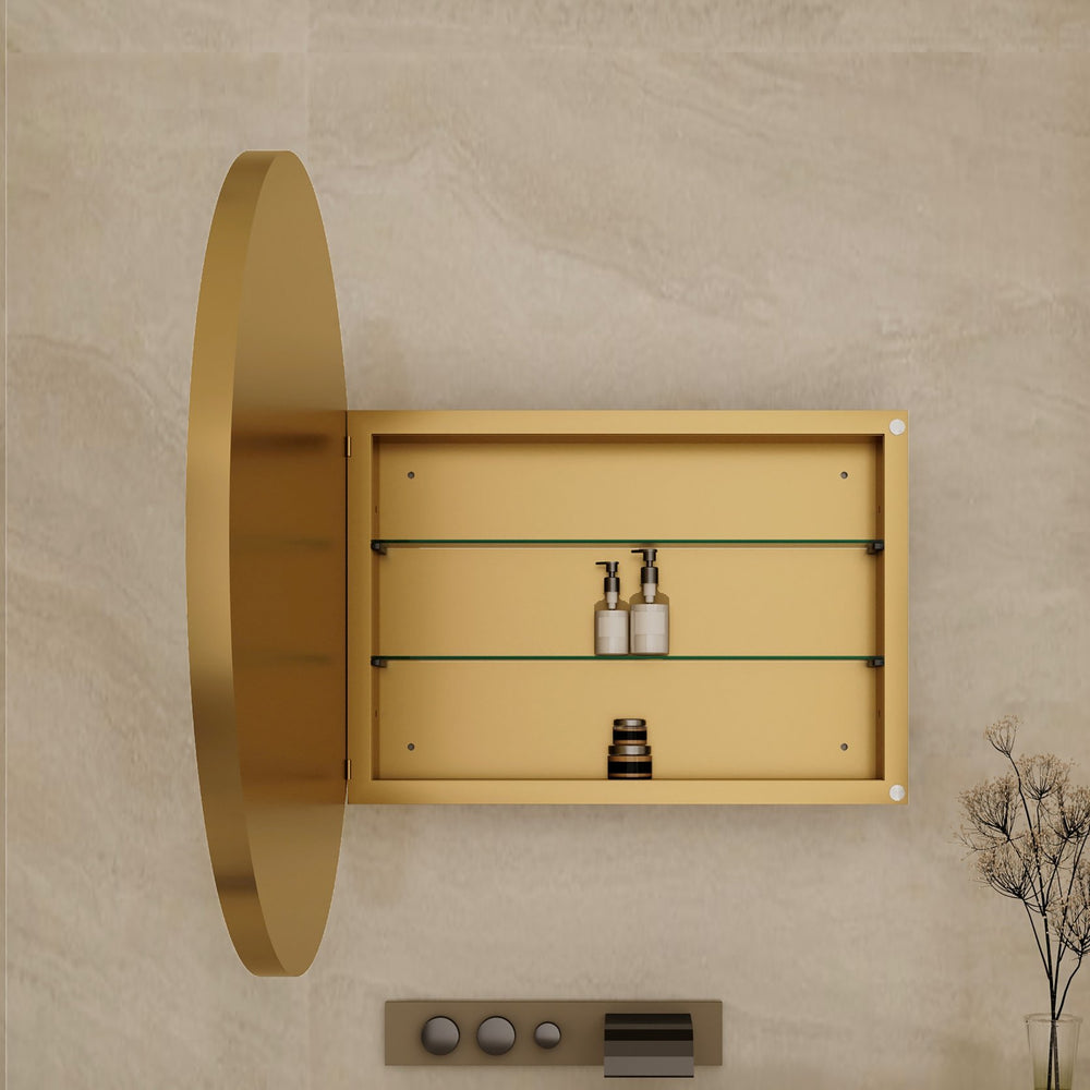 English Elm 31.5 Round Metal Framed Medicine Cabinet with Mirror and Adjustable Shelves for Stylish Bathrooms Gold W1435P194675