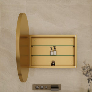 English Elm 31.5 Round Metal Framed Medicine Cabinet with Mirror and Adjustable Shelves for Stylish Bathrooms Gold W1435P194675