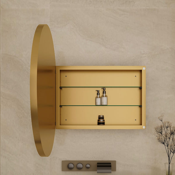 English Elm 31.5 Round Metal Framed Medicine Cabinet with Mirror and Adjustable Shelves for Stylish Bathrooms Gold W1435P194675