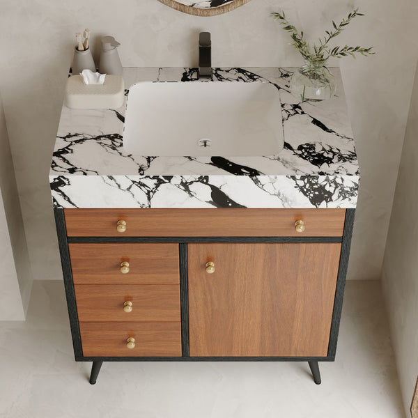 English Elm 29.9" Floating Bathroom Vanity Sintered Stone Top Soft Close Drawers Bronze Gold Hardware Black,Gold,Walnut,White W3136S00044