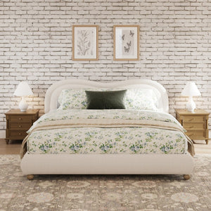 English Elm Queen Chenille Upholstered Bed Curved Headboard Oak Legs Wooden Slat Platform Frame W1716P387791