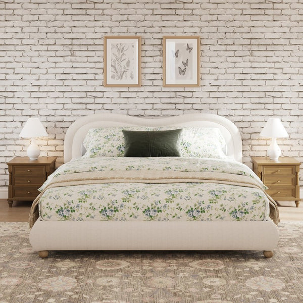 English Elm Queen Chenille Upholstered Bed Curved Headboard Oak Legs Wooden Slat Platform Frame W1716P387791