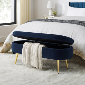 English Elm Ottoman Oval Flannel Storage Bench with Matte Metal Legs for Bedroom or Living Room Dark Blue W487P438630