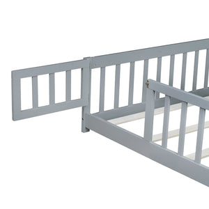 English Elm Queen Floor Bed with Safety Fence and Guardrails, Rubberwood Low Profile Platform for Kids Grey W504P286386