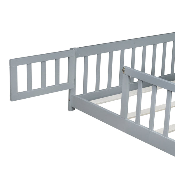 English Elm Queen Floor Bed with Safety Fence and Guardrails, Rubberwood Low Profile Platform for Kids Grey W504P286386