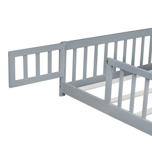 English Elm Queen Rubber Wood Floor Bed with Full Perimeter Safety Fence and Hinged Access Door Grey W504P429339